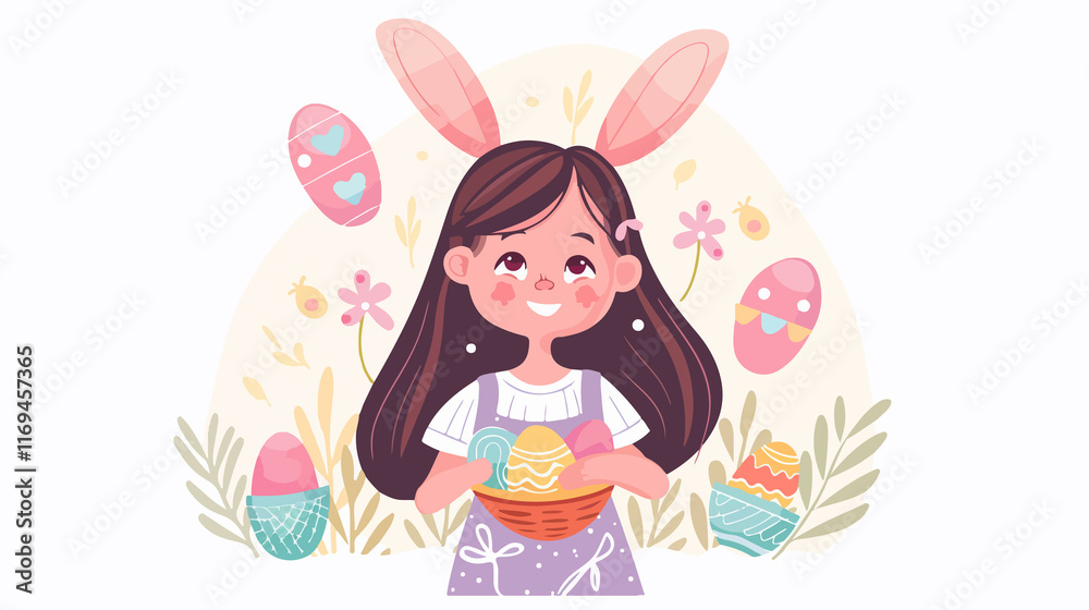 Adorable Kid Girl Character With Rabbit Ears Clutching Easter Theme Adorable Kid Girl Character With Rabbit Ears Clutching Easter Theme