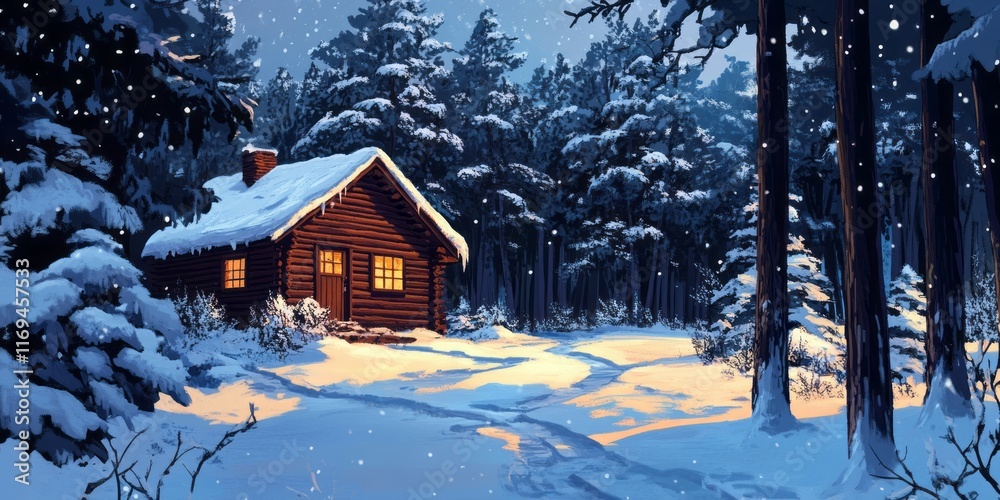 Fototapeta premium Snow covered cabin nestled in a winter forest