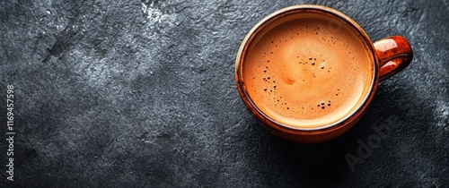 Rich brown coffee in a ceramic cup on a dark surface with a textured background