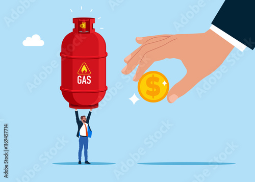 Businessman holding gas cylinder. Sale of gas and fuels. Gas in cylinder. Modern flat vector illustration.