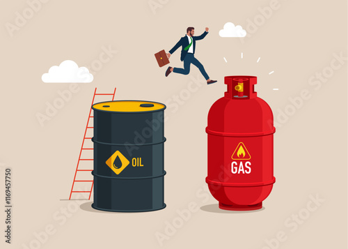 Businessman jumps from barrel of gasoline to gas cylinder. Use of gas instead of oil. Flat vector illustration. 