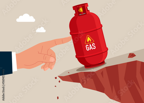 Hand pushing gas cylinder up. Growth rise of gas stock prices and growth of extraction concept. Modern flat vector illustration.