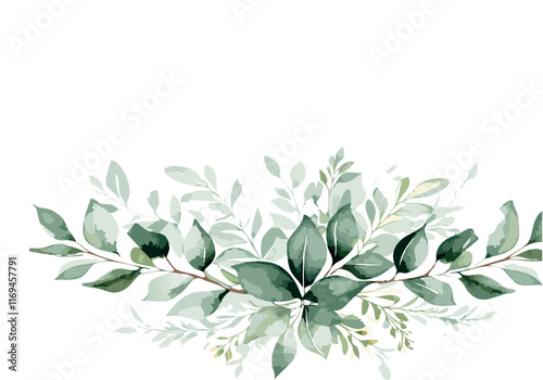 Watercolor had drawn  leaves, simple soft background design, blank wallpaper vector illustration.Seamless herbal composition for wedding or greeting card. Spring Border with leaves eucalyptus.