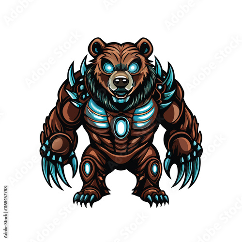 A powerful robotic bear with sharp metal limbs and blue glowing eyes, standing on white background.