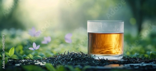 Refreshing glass of herbal tea surrounded by lush greenery and delicate flowe...