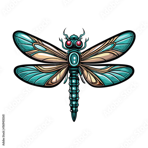 A futuristic robotic dragonfly with translucent metal wings and red glowing eyes.