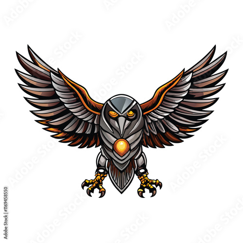 A robotic falcon with metal talons and sleek wings, detailed and stylized.