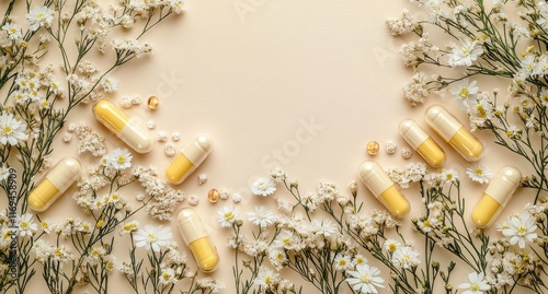 Natural health composition with yellow capsules and flowers on a soft background