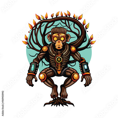 A robotic monkey with glowing sensors and mechanical limbs stands on a tree root.