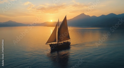 Sailboat cruising peacefully at sunset on calm waters with mountains in the b...