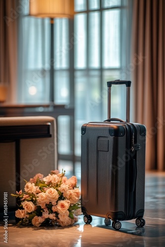 Stylish suitcase placed on a carpet next to a floral arrangement in a well-li...