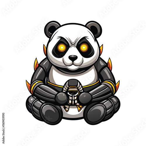 A robotic panda with sleek metal limbs and glowing eyes.