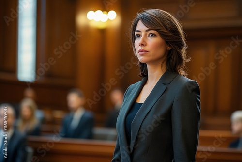 Woman lawyer in courtroom. Serious female attorney in black suit. Professional legal counsel. Justice system, law practice concept. Courtroom drama scene