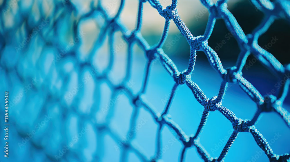 Fototapeta premium Close-up of tennis net texture with fine mesh, blue lighting, and blurred background for sports ambiance.