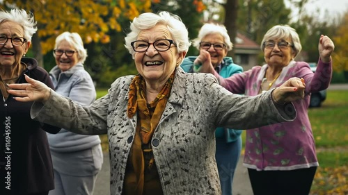 Elderly women enjoying a joyful walk in a park during autumn with colorful leaves