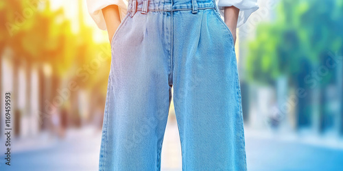 Female legs in modern baggy jeans against an urban streetscape background. Big city fashion