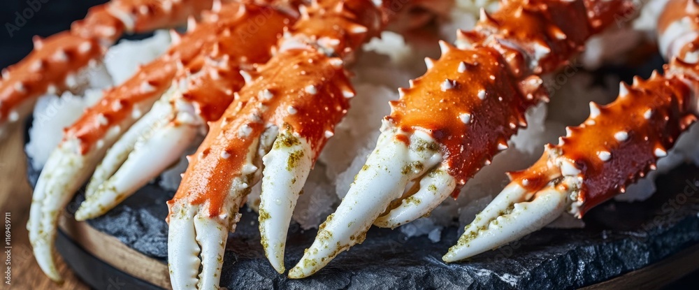 Juicy crab legs are elegantly arranged on a bed of fluffy rice at a seafood restaurant, highlighting their fresh and succulent appearance during dinner time Juicy crab legs are elegantly arranged on a bed of fluffy rice at a seafood restaurant, highlighting their fresh and succulent appearance during dinner time