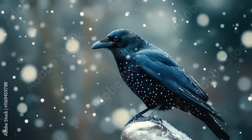 Snowfall surrounds a raven perched on a snowy branch in a winter forest setting