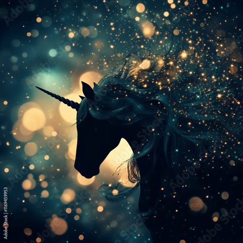 Mystical unicorn silhouette glows in golden light surrounded by sparkling mag...