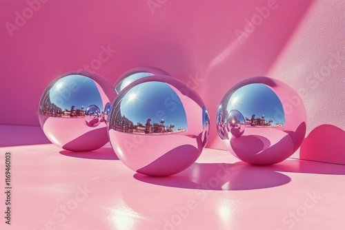 Reflective spheres on vibrant pink background creating artistic visuals in a ...
