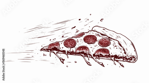 Detailed drawing of pepperoni pizza slice for fast food menu design