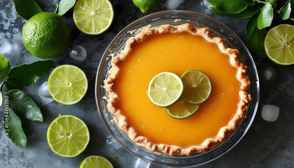 Delicious Key Lime Pie with Fresh Lime Slices Top View on a Rustic Table Delicious Key Lime Pie with Fresh Lime Slices Top View on a Rustic Table