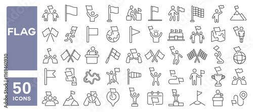 Set of 50 line icons related to flag, win, achievement, finish, location, glory, success, event, waving, pennant, Editable stroke. Vector illustration