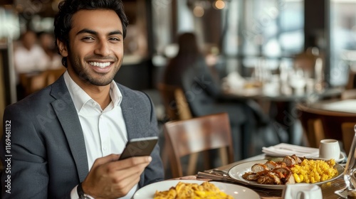 Smiling young businessman using smartphone in cafeteria