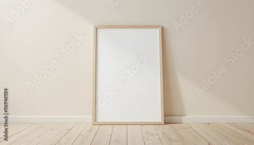 Beige wall with a wooden white blank photo frame mockup