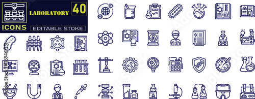Laboratory icon set. Containing experiment, test tube, microscope, flask, chemical, biology, research icons .