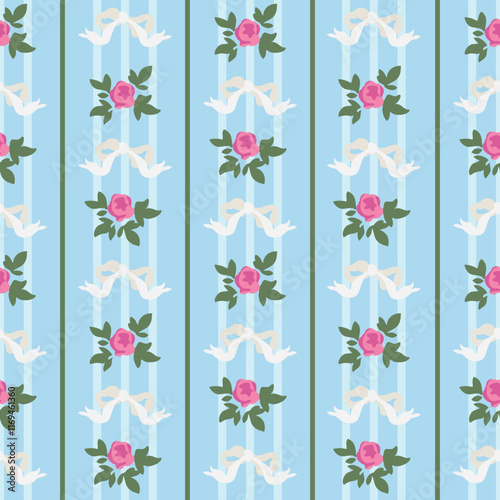 Flirtatious girly pattern with ribbon bows and flowers. Vector coquette trendy hand drawn illustrations. Seamless pattern for wallpaper, textile design, scrapbooking
