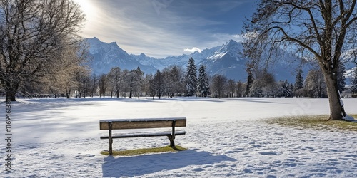 Snowy park bench alpine mou...