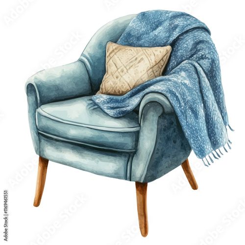 A watercolor vector painting of a cozy corner with a chair and blanket, isolated on a white background. Cozy corner with chair and blanket vector.

