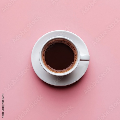 Freshly brewed coffee in a white cup on a soft pink background