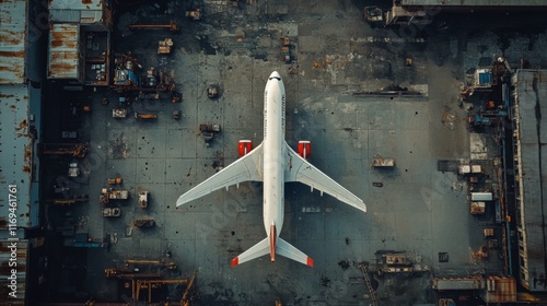 An airplane is stationed on the tarmac of an airport, surrounded by various maintenance tools and cargo, showcasing a busy aircraft service area