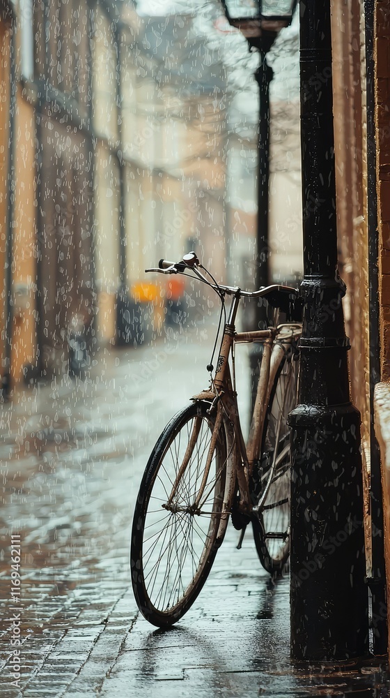 Bicycle Stands Next to Lamp Post in Rainy Urban Setting Bicycle Stands Next to Lamp Post in Rainy Urban Setting