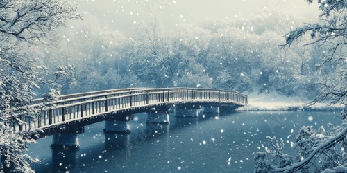 Snow covered bridge spanning a winter river amidst snowy trees photo