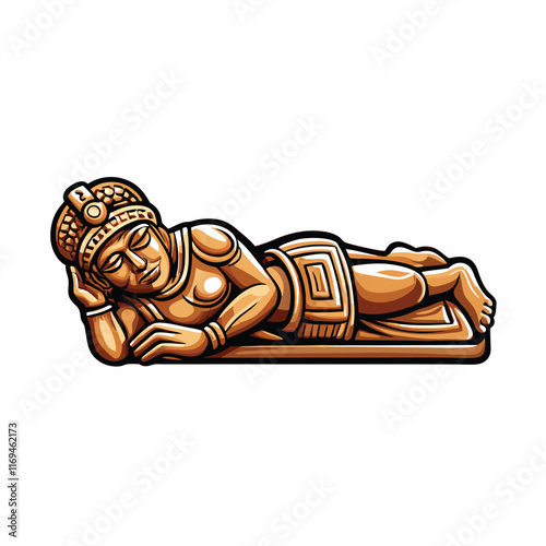 Vector illustration of the ancient Mayan Chac Mool, a reclining figure with elaborate headdress.