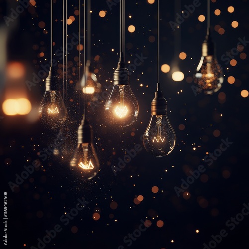 Hanging vintage light bulbs illuminating a dark background with sparkling orb...