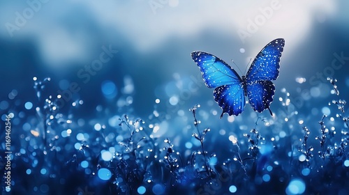 Elegant green, purple, blue, orange and red butterfly with radiant illuminated patterns on its wings, resting on a neutral grey backdrop