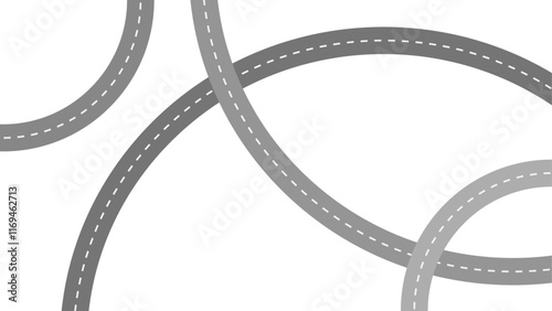 Multiple gray roads with dashed white lines overlapping and curving on a white background, representing complexity and interconnectedness