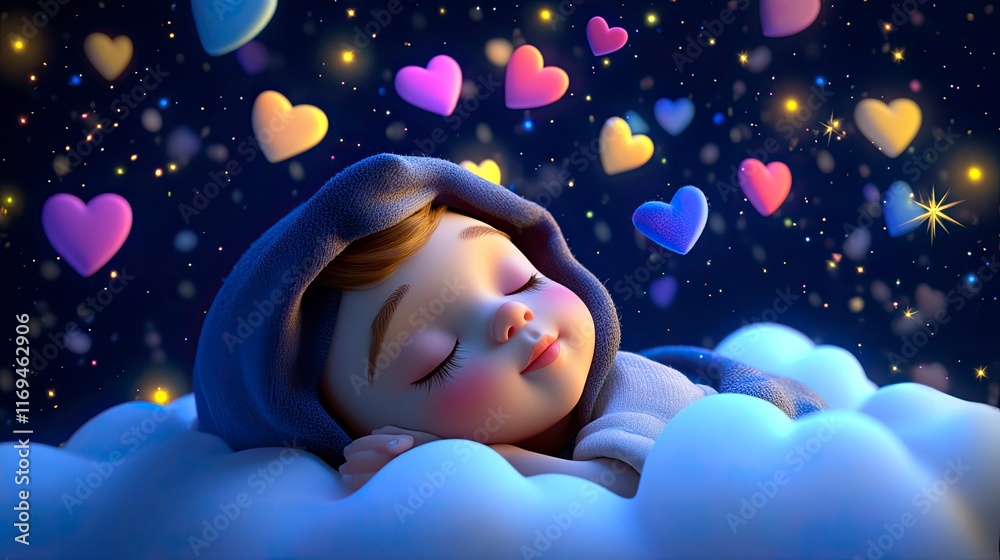 3D animation style of a baby sleeping with night lights and stars during night time. A cute baby wearing a white cap hat on its head, sleeping under a blanket, 3D animation style of a baby sleeping with night lights and stars during night time. A cute baby wearing a white cap hat on its head, sleeping under a blanket,