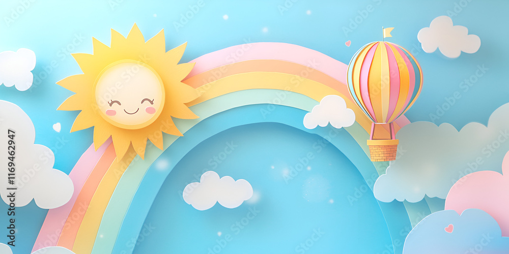 Colorful pastel rainbow arches over cheerful sunlit skies with bright blue tones Colorful pastel rainbow arches over cheerful sunlit skies with bright blue tones