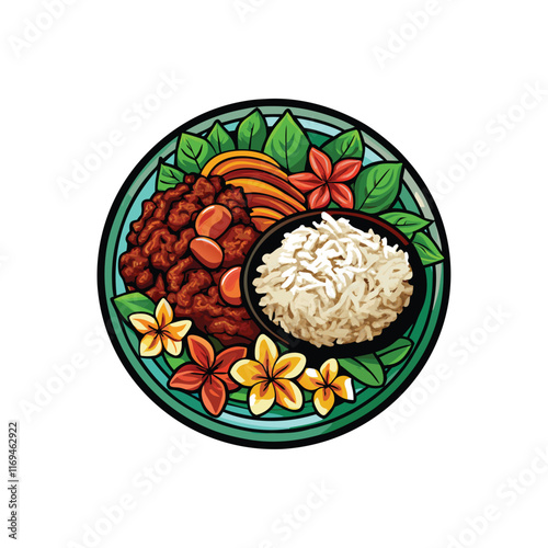 A vector illustration of a Hawaiian luau plate featuring kalua pig, rice, and tropical flowers.