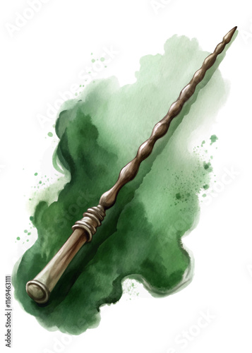 Magical wand illustration, fantasy art style, green watercolor background, mystical theme, enchanting design.