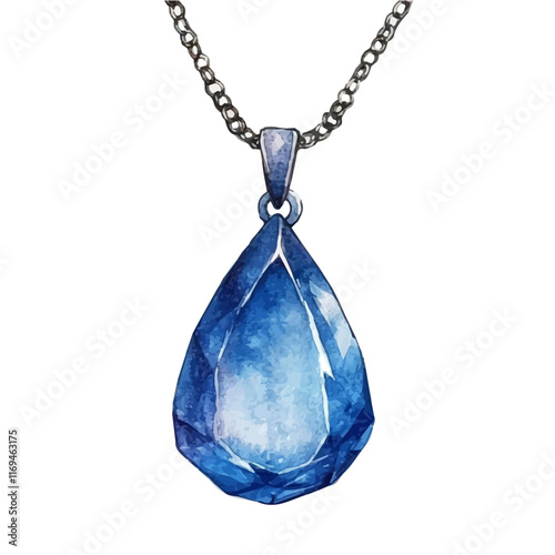 A watercolor vector painting of a contemporary sapphire pendant necklace, isolated on a white background. Contemporary sapphire pendant necklace vector.

