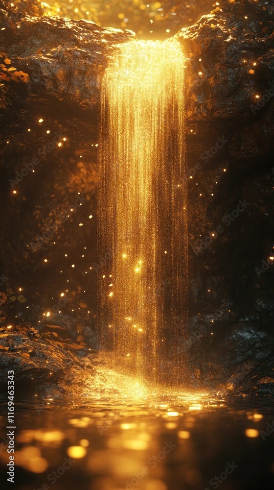 Fototapeta premium Enchanting waterfall cascading through a lush forest its waters shimmering with a warm golden glow as sunlight filters through the trees creating an otherworldly dreamlike atmosphere