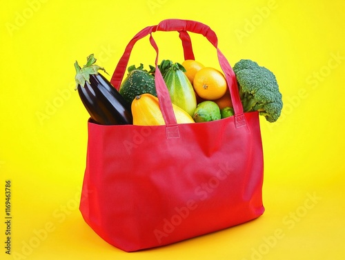 Fresh Fruits and Vegetables in Reusable Bag on Yellow Background photo