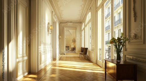 Elegant Luxury Hallway with Sunlight and Classic Architectural Details