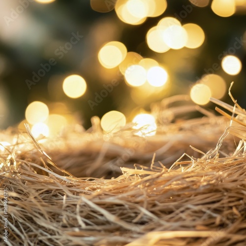 Warm bokeh lights illuminate hay in a rustic setting during evening hours